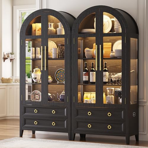Image of LVSOMT 71 inch Arched Display Cabinet with Glass Doors and Lights, Black