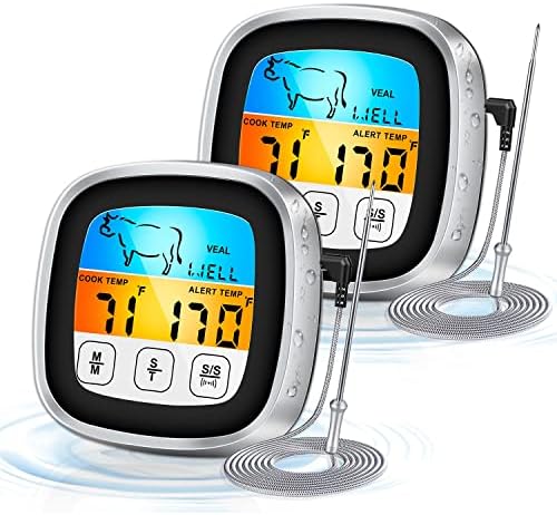 2 Pack Digital Cooking Thermometer for Meat, Digital Food Thermometer for BBQ, Instant Read Meat Thermometer with Alarm Touch Screen IPX7 Waterproof Probe, Food Grade Material & Safety Protection