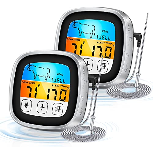 2 Pack Digital Cooking Thermometer For Meat, Digital Food Thermometer For Bbq, Instant Read Meat Thermometer With Alarm Touch Screen Ipx7 Waterproof Probe, Food Grade Material & Safety Protection #TOP25