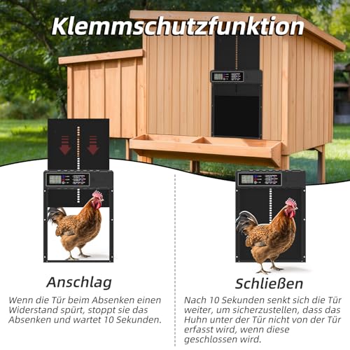 KACNON Aluminium Automatische Hühnerklappe - Elektrische Hühnerklappe mit Wasserdicht Großes Display, Timer, Klemmschutzfunktion - Automatisch für Hühner, Ente, Gans, Häschen, Kratzfest