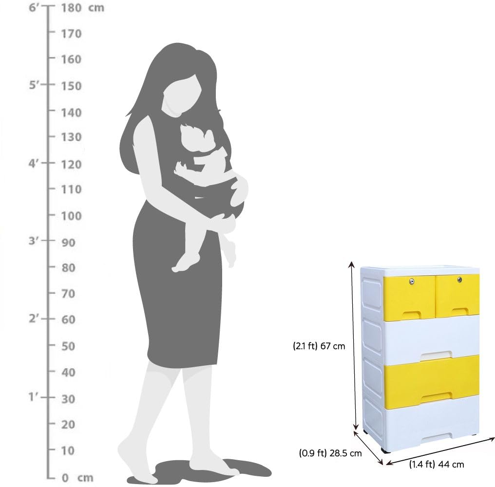 The Tickle Toe 5-Drawer Plastic Chest for Kids | Yellow White Storage Organizer with Locks | Portable Dresser Cabinet for Toys & Clothes | 44L x 28.5W x 67H cm 4