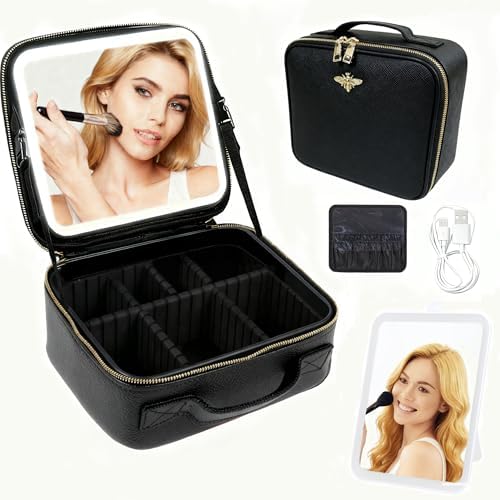 Travel Makeup Bag with Light Up Mirror, Portable Makeup Bag with Led Light Women Waterproof Makeup Travel Case adjustable dividers Rechargeable Vanity Mirror with 3 Color Lights (NO Shoulder Strap)