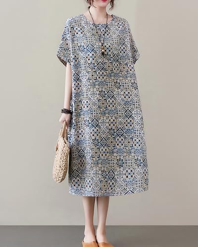 Image of LUZU JUNU Women's Summer Baggy Plus Size Loose Cotton Linen Long Boho Beach Dress with Pockets