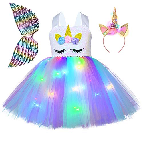 Jxstar Unicorn Costume Halloween Dresses Princess Party Gifts Sequin Tulle Outfits LED Light Up,Size 5 6