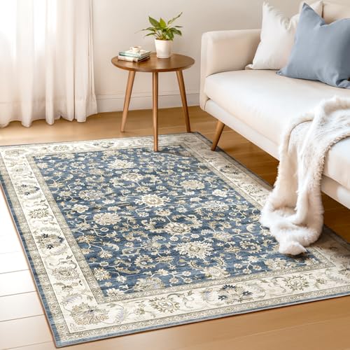 WITSHOCK Area Rug 4x6 Non-Slip Washable Vintage Floral Small Rug Door Blue