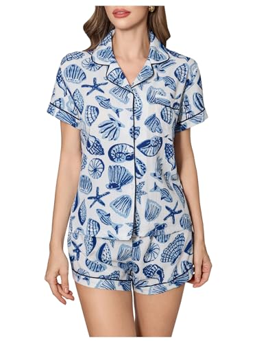MakeMeChic Women's 2 Piece Pajama Set Graphic Short Sleeve Button Down Shirt and Shorts Set Sleepwear Blue and White Medium