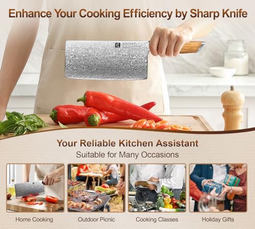 Foto von XINZUO 19cm Hackmesser, 73 Schichten Damaststahl Pulverstahlkern Hackbeil Chinesisches Kochmesser Multifunktions Chefmesser Fleischmesser -mit ergonomischer Olivenholz Griff -Lan Series