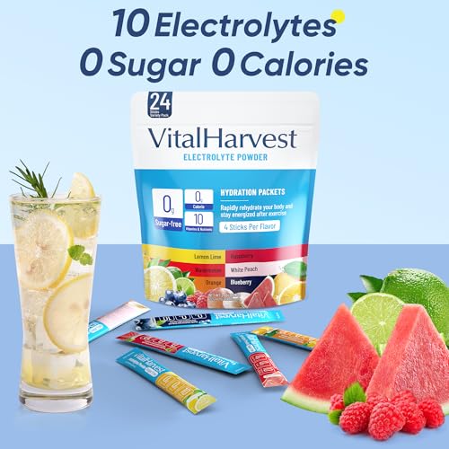 Image of 24 Sticks Electrolytes Powder Packets 6 Flavors Sugar Free Hydration Packets Electrolyte Liquid Daily IV Drink Mix with Lemon Lime, Watermelon, Orange, Raspberry, White Peach, Blueberry