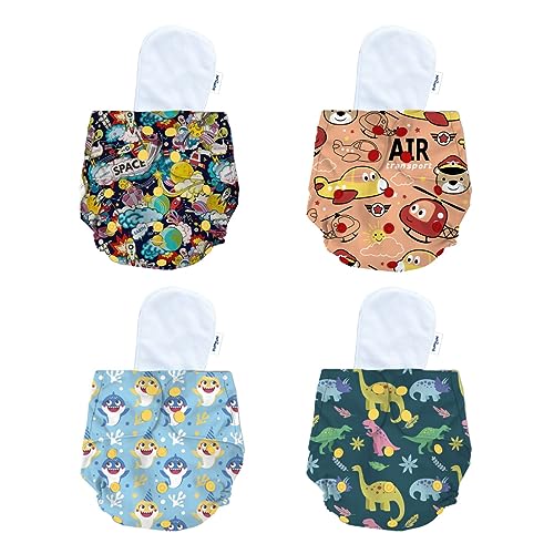 Image of Bumtum Baby Diaper | 0-3 Yrs Baby Freesize | Pack of 4, New Born Baby Diaper, Cloth Diaper, Waterproof Reusable Diaper, Washable, Cotton, Extra Soft (Dinosaur, Space, Baby Shark & Air)