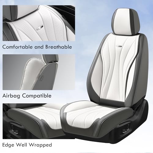 Image of Coverado Seat Covers Full Set, Leather Car Seat Covers, Waterproof Seat Covers for Cars, Front and Back Seat Covers, Car Seat Protectors Car Seat Cushions Universal Fit for Most Cars, Gray&White