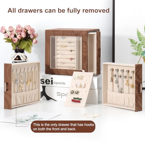 DesignSter Small Jewelry Box Organizer Case w/ 3 Side Drawers & Transparent Display Window (Brown) - image 7