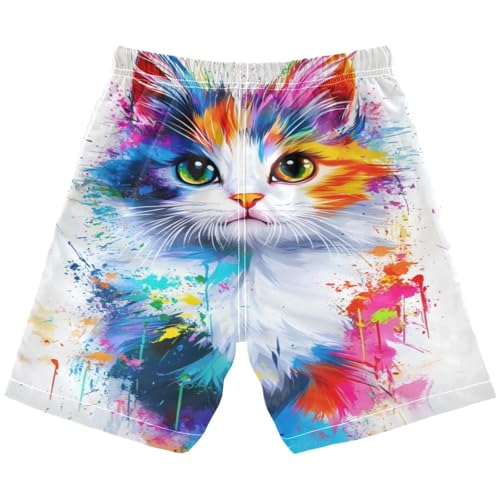 DOMIKING Cat Splatter White Boys' Pull On Swim Trunks Quick Dry Boardshorts with Mesh Lining for Pool Gym Beach M2
