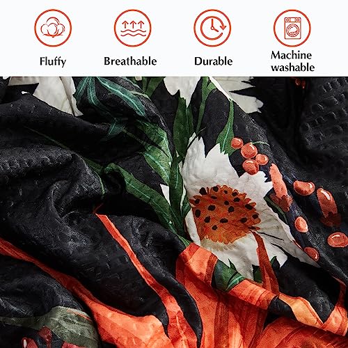 CASAAGUSTO King Size Comforter Set, 7 PCS Black Shore Floral Comforter Set with Flowers Leaves Pattern, Soft All Season King Bedding Set (102"X90")