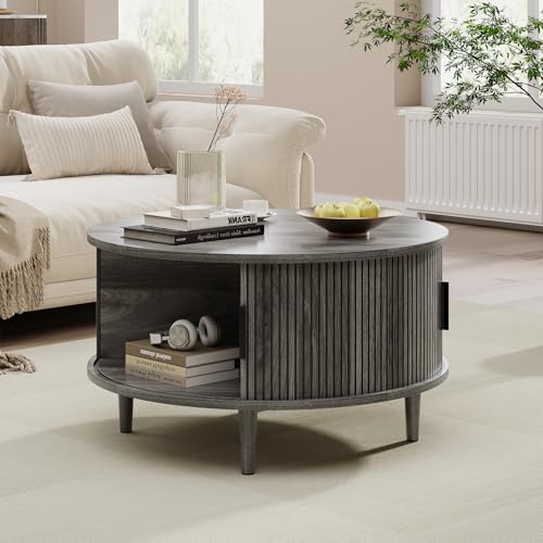 Image of Round Coffee Table with Storage, Mid Century Modern Coffee Table, Fluted Dining Table with Sliding Door, Circle Coffee Table for Living Room Home Office, 31.5 inch, Gray