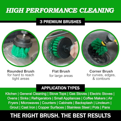 Image of Drillbrush Green Kitchen Drill Brush Set - Drill Powered Cleaning Tools for Stainless Steel Sink, Copper Sink, Stove Top, Oven, Air Fryer & Cabinets - Must-Have Kitchen Accessories for Fast Cleaning