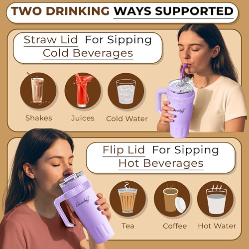 Image of Insulated Tumbler with Straw Lid and Handle (1200 ML) Double Wall Sipper Water Bottle for Adults, Tumbler Bottle with Straw (Lavender, 1200 ML, with Bear Straw Cover)