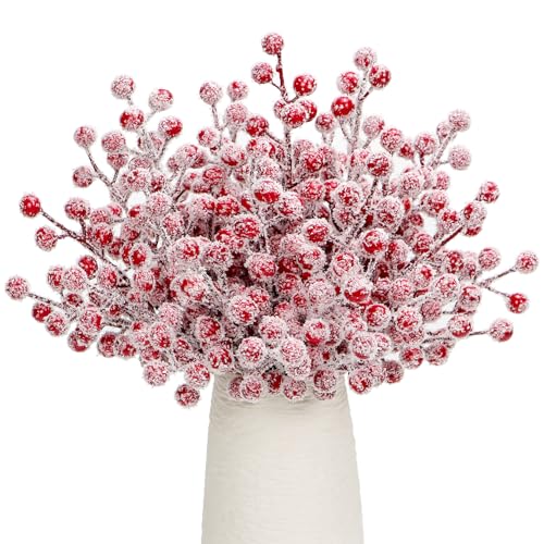 24Pcs Artificial Berry Picks Snow Sprays Christmas Frosted Holly Berry Stems Twigs Winter Branches for Christmas Tree Fillers Decor Holiday Arrangement Wreaths Garland Crafts DIY Ornaments (Red)