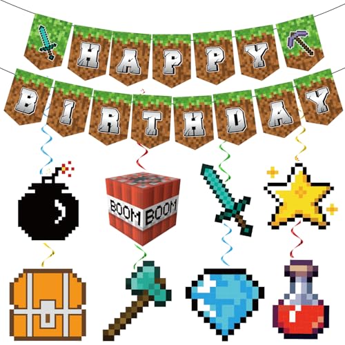 Image of Pixel Style Happy Birthday Party Banner Decorations, Mining Adventure Theme Party Banner, Cartoon Birthday Party Decorations Supplies