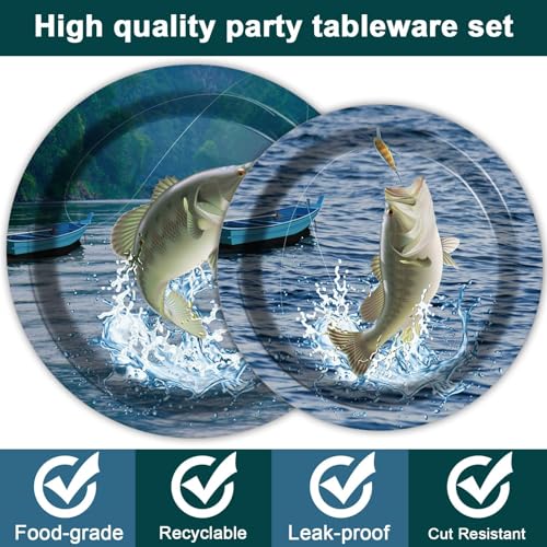 Image of ZOIIWA 200 PCS Gone Fishing Tableware Disposable Paper Plates Napkins Fishing Tournament Birthday Party Supplies Dinnerware Set Napkins Party Decoration Serve 50 guest