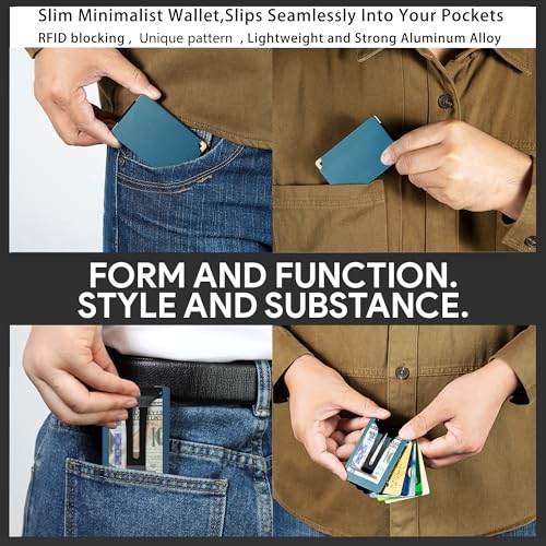 Image of Minimalist Carbon Fiber Wallet for Men, Money Clip Cash Strap Wallet, RFID Blocking Metal Wallet Aluminum Card Holder,Front Pocket Wallet(Matte Navy)