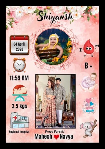 Image of Personalized Baby Birth Announcement Photo Frame, Marble Design with Birth Details and Parents Photo, A4 Size Black, 2 Photo(s), 10 X 13 Send photos WP -8905457154, Order id, Birth Memory Photo Frame (1, Red)