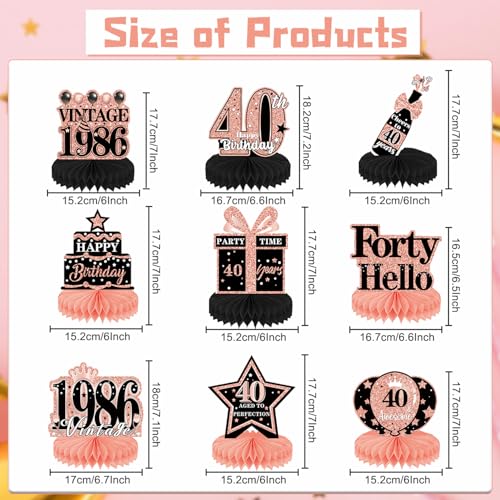 Image of 40th Birthday Decorations Woman - 9PCS Vintage 40th Birthday Party Table Decorations Rose Gold Table Honeycomb Centerpiece Decorations Supplies for Forty Year Old Party Women
