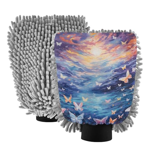 IOACIY Absorbent Microfiber Car Wash Drying Mitts, 2 Pack, Scratch-Free & Lint-Free, Rich Foam, Highly Absorbent, Double Sided, Wash Mitt Perfect for Car Washing, M, Fantasy Starry Sky Butterfly (2)