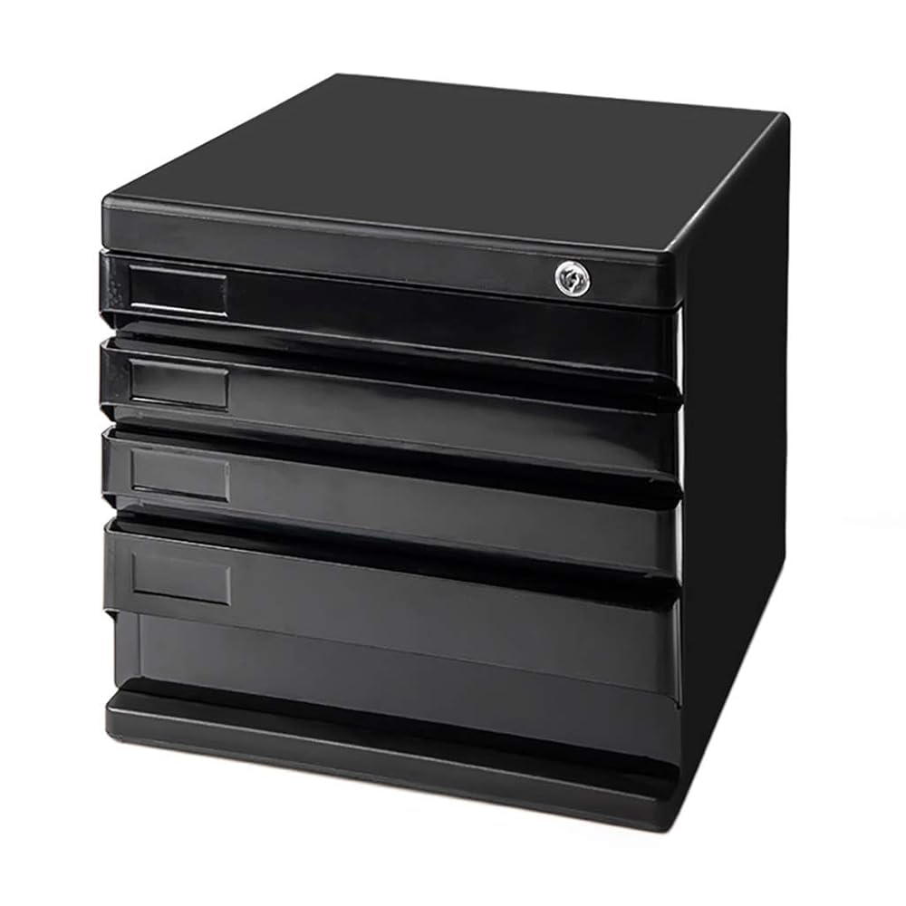 Archivador negro con cerradura con 4 cajones, organizador de documentos A4, espaciosa caja de almacenamiento para accesorios y archivos, diseño duradero y elegante