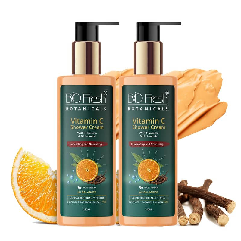 Image of BIOFRESH BOTANICALS Vitamin-C Shower Cream 250ml - Hydrating Body Wash for Radiant Skin with Manjistha & Niacinamide Deep Moisturizing Skin Brightening Collagen Winter Care for Dry Skin (Pack of 2)