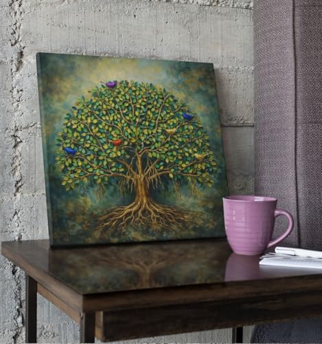 Image of Kunj Cart Kalpavriksha Tree Painting | 8+ DESIGNS | Kalpvriksh Tree Wall Painting | Lucky Tree Wall Art For Living Room, Bedroom and Office Decor | Canvas Painting for Wall Decoration (Design - F, 24x24 Inch, Framed)