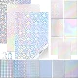 30 Sheets Holographic Printable Vinyl Sticker Paper (15 Patterns) A4 Vinyl Sticker Paper Self-Adhesive Holographic Laminate Sheets 8.5 x 11 Inch Glossy Waterproof Quick Dry For Inkjet Printer