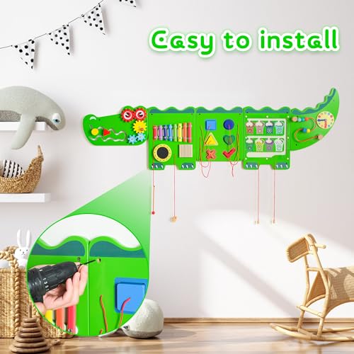 Image of Spacocld Crocodile Sensory Toys Activity Wall Panels - Montessori Busy Board, Toddler Learning Panel, Wall-Mounted Playroom /Daycare Educational Toys, Interactive Wooden Gift for Kids 3-6, Green