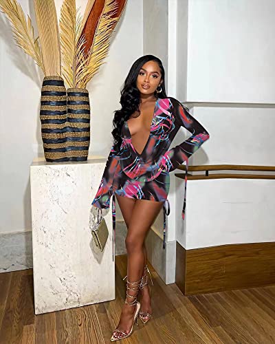 Image of Women's Sexy Long Sleeve Two 2 Pieces Outfits Sheer Mesh Mini Dress Skirt Set Top V Neck Backless Ruched Bodycon Cover Up
