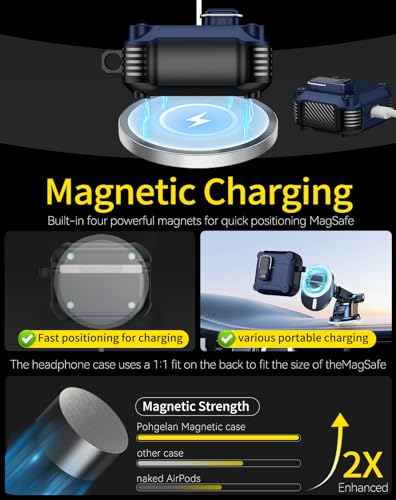 Image of Pohgelan for AirPods 4 Case with Safety Lock-Dark Blue | Magnetic Automatic Lock with Cleaning Kit&Keychain,Compatible with Magsafe