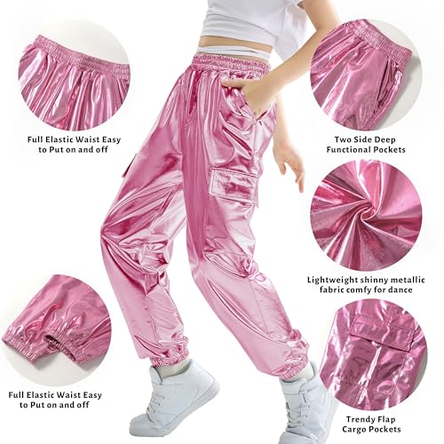 Image of Rolanko Girls Shiny Metallic Cargo Pants, Sparkle Jogger Pants for Girls Hip Hop Dance Streetwear Cargo Trousers 6-15 Years