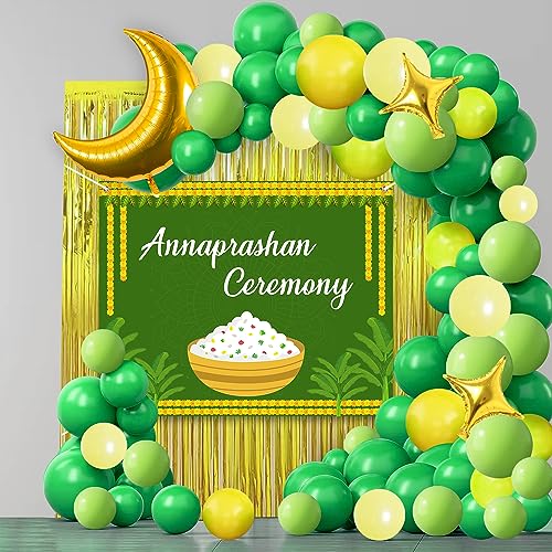 Image of Party Propz Annaprashan Decoration Items - 49pcs Annaprashan Ceremony Decoration with Green Annaprasana Decoration Backdrop, Golden Foil Balloons and Foil Curtain, Balloon for Rice Ceremony Decoration
