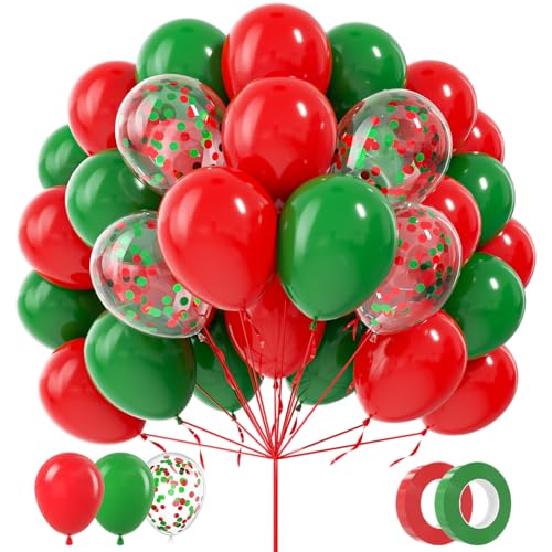 ADOINBY Red and Green Balloons 80Pcs 12inch Christmas Red Green Latex Balloons Confetti Balloons with 1 Ribbon for Christmas Birthday Baby Shower Wedding Graduation Party Decorations