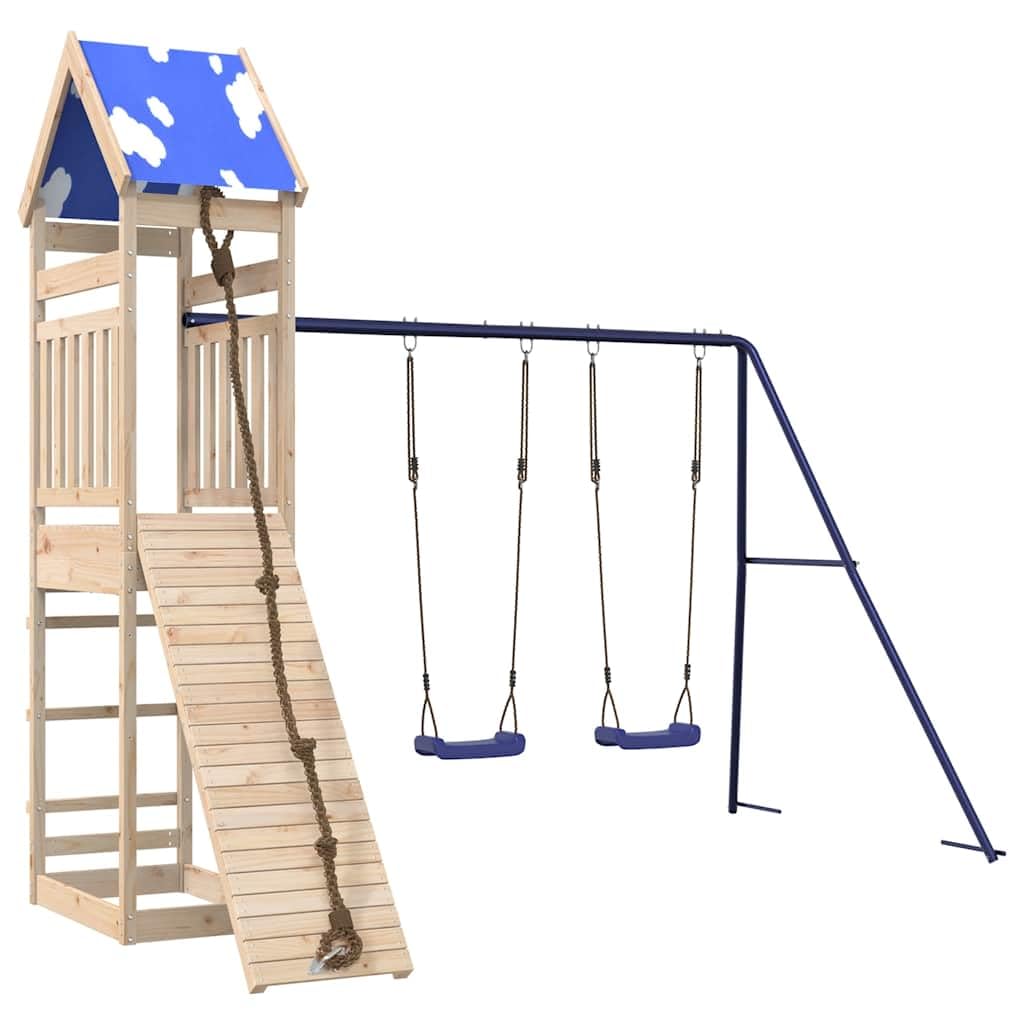 Torre da gioco in legno di pino massiccio con piattaforma da 118 cm, rampa da arrampicata, due altalene e sabbiera, stabile struttura a forma di A per il giardino