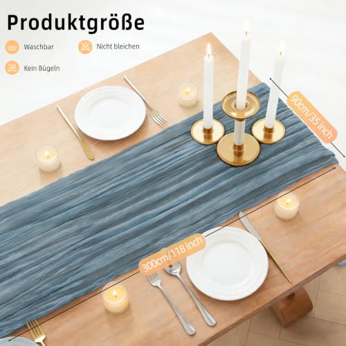 (2 Stück) Käsetuch Tischläufer Nebelblau, 300 x 90 cm Boho Gaze Tischläufer Cheesecloth Läufer für Hochzeit, Geburtstagsfeiern, Babypartys… – Ansicht 2
