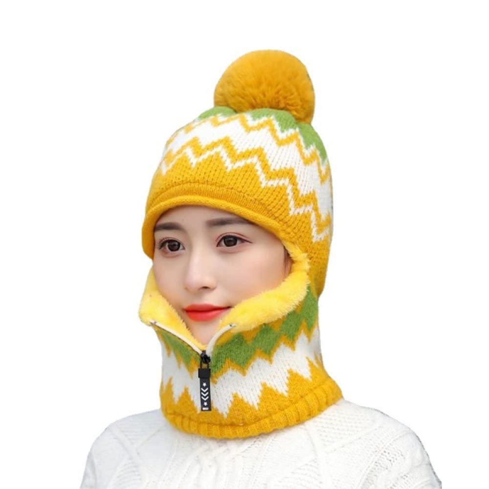 SAEEKOWinter Women 2-In-1 Zipper Collar Scarf Hats, Vivid Color Geometry Pattern Balaclava Warm Knitted Fleece Lining Ear Mouth Cover Thicken Thermal For Outside