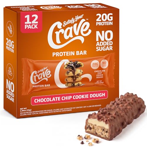 Image of Satisfy Your Crave Protein Bars- High Protein Delicious Snacks- 20g of Protein, No Added Sugar- Chocolate Chip Cookie Dough- Perfect for Breakfast, On-the-Go Snack, Pantry Staple & Office Treat- Non-GMO, 12 Pack