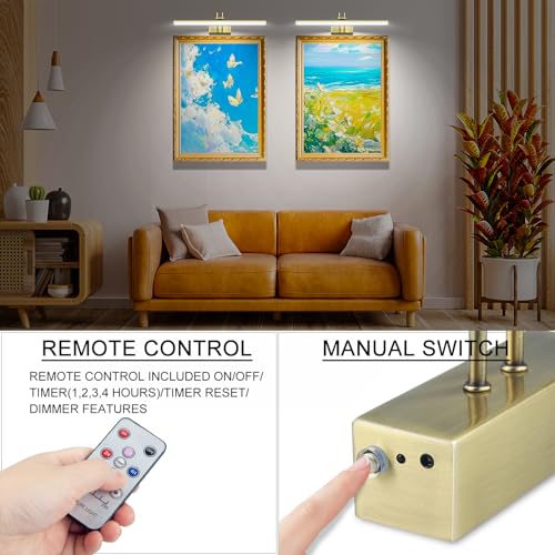 Image of Picture Light,5000mAh Battery Wall Sconce,16inch Art Light,Antique Brass | 2 Colors Photo Lights Rechargeable,Remote Timer and Dimmer Gallery Light,Metal Painting Light for Portrait Display Frame