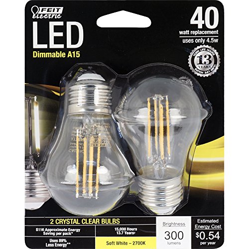 Feit Electric - Decorative Clear Glass Filament LED Dimmable 40W Equivalent Soft White (2700K) Classic A15 Light Bulb, Pack of 2 (BPA1540/827/LED/2)