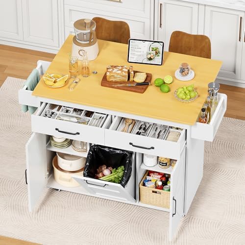 JUMMICO Rolling Kitchen Island with Drop Leaf, Mobile Cart on Whe...