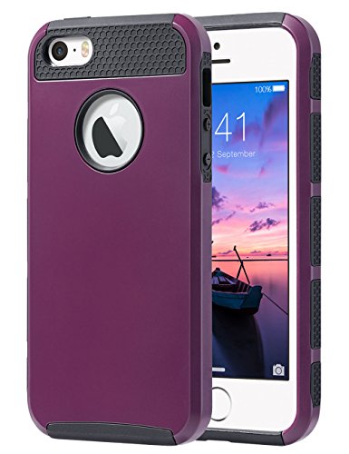 ULAK iPhone 5S Case, iPhone 5 Case, iPhone SE Case,Slim Fit Dual Layer Protection Case Shock Absorbing Hard Rugged Ultra Protective Back Rubber Cover with Impact Protection(Burgundy Wine+Black)
