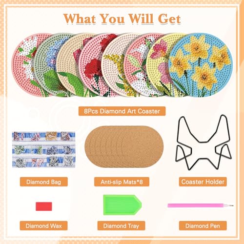 NAIMOER 8 Stück Blumen Diamond Painting Untersetzer mit Halter, DIY Landschaft Diamant Tassenuntersetzer, Diamant Painting Untersetzer für Erwachsene Kinder, Getränke Basteln Coasters