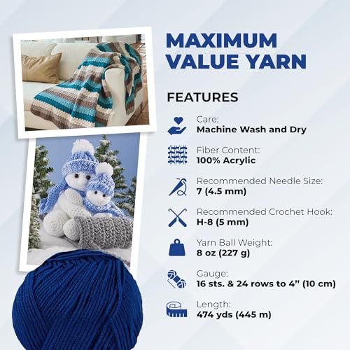 Image of Mary Maxim Maximum Value Acrylic Yarn for Crocheting and Knitting, Soft Worsted Weight Blue Yarn 4, Ideal for Blankets, Sweaters, Hats, and Scarves, 8 oz Skein (474 Yds), Dark Blue - 1 Skein