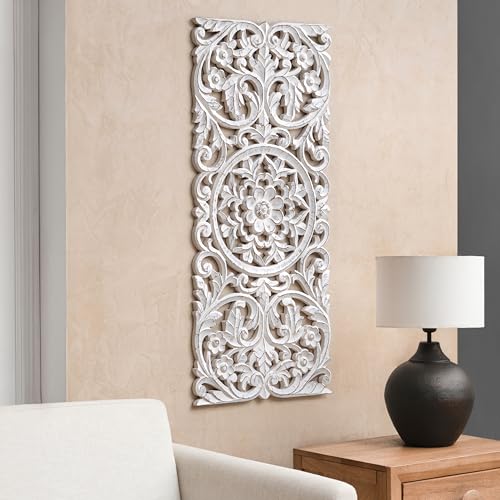 Image of JFY Designs Carac Hand Carved Wood Medallion Wall Panels Bedroom Decor | Wall Mount Floral Sculpture Wall Art for Living Room, Bedroom Set, White Distressed Finish, Rectangular 16 x 36 inch