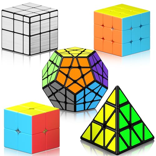 Vdealen Speed Cube Set, Cube Bundle 2x2 3x3 Pyramid Dodecahedron Mirror Magic Cube Pack, Puzzle Cube Collection Toys Easter Valentines Gift for Kids Teens Adults [5 Pack]