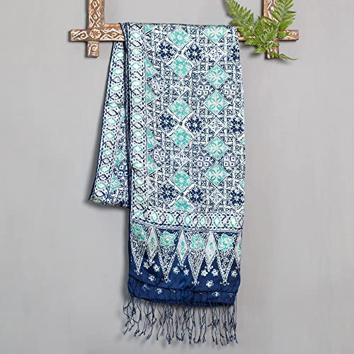NOVICA Artisan Handmade Silk Batik Shawl in Indonesia Accessories Shawls Blue Placid Bright Cobalt Serenity Patterned ' Blue Sarangan'3
